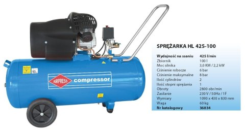 AIRPRESS KOMPRESOR OLEJOWY DWUTŁOKOWY HL425-100 "V-ka" 100L, 425 l/min, 8 BAR AIRPRESS