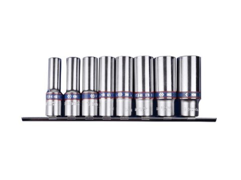 KING TONY KOMPLET NASADEK 3/8" 8 elem. DŁUGIE 6-KĄTNE 10 - 19mm, CHROM, NA SZYNIE KING TONY