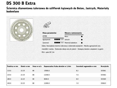 KLINGSPOR TARCZA DIAMENTOWA DO SZLIFOWANIA BETONU, DS300B 125mm x 22,2mm SEGMENTOWA KLINGSPOR