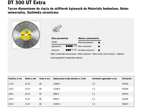 KLINGSPOR TARCZA DIAMENTOWA TURBO 230mm x 2,5mm x 22,2mm EXTRA DT300UT, BETON KLINGSPOR
