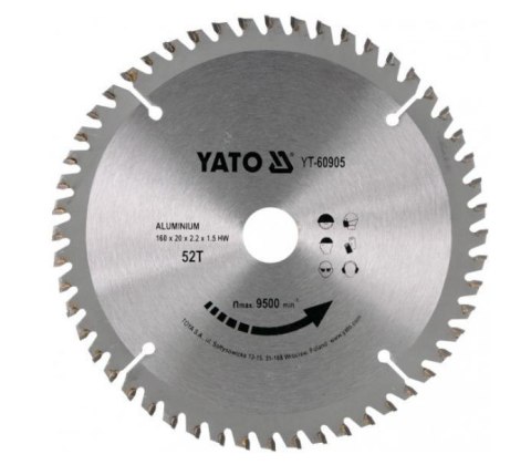 YATO PIŁA TARCZOWA DO ALUMINIUM 160 x 20mm 52-ZĘBY 60905 YATO