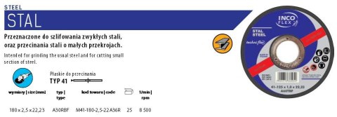 INCOFLEX TARCZA DO METALU 180 x 2,5 x 22,2mm INCOFLEX