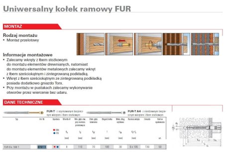 FISCHER KOŁEK ROZPOROWY FUR 8x 100 T/50, MOCOWANIE RAMOWE FISCHER
