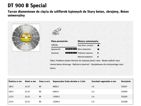 KLINGSPOR TARCZA DIAMENTOWA SEGMENTOWA 230mm x 2,6mm x 22,2mm DT900B KLINGSPOR