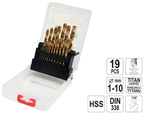 YATO ZESTAW WIERTEŁ DO METALU HSS-TiN 19szt. 1-10mm. YATO