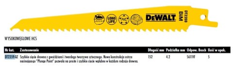 DEWALT BRZESZCZOT DO PIŁY SZABLASTEJ 152x4,2mm S611VF DREWNO Z GWOŹDZIAMI, PCV /5szt. DEWALT