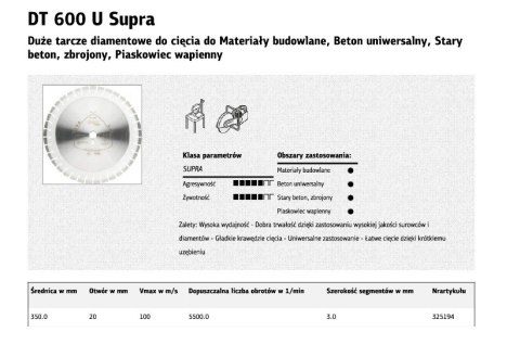 KLINGSPOR TARCZA DIAMENTOWA SEGMENTOWA 350mm x 3,0mm x 20mm SUPRA DT600U, BETON ZBROJONY KLINGSPOR