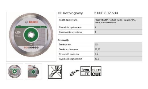 BOSCH TARCZA DIAMENTOWA *** 230 x 22,2mm PEŁNA, NA SUCHO, CERAMIKA BOSCH