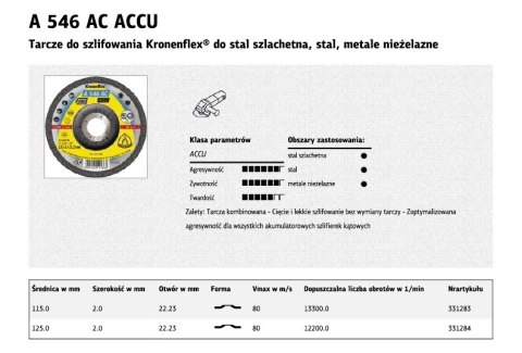KLINGSPOR TARCZA DO CIĘCIA METALU 125 x 2,0mm A546ACCU DO SZLIFIEREK AKUMULATOROWYCH KLINGSPOR