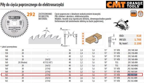 PIŁA DO CIĘCIA POPRZECZNEGO, OBRÓBKA WYKAŃCZAJĄCA HM 165x20x2,2/1,6 Z=56 CMT