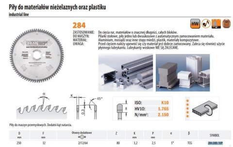 CMT PIŁA HM 250x32x3,2/2,5 Z=80 DO MATERIAŁÓW NIEŻELAZNYCH I PLASTIKU CMT