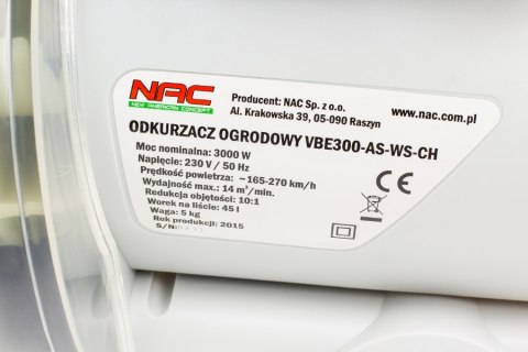 NAC ODKURZACZ / DMUCHAWA DO LIŚCI 3000W VBE300A-AS-WS-CH ALUMINIOWY WIRNIK NAC
