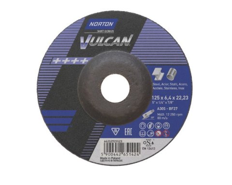 NORTON TARCZA VULCAN DO METALU 125mm x 6.4mm x 22.2mm -T27 A30S NORTON