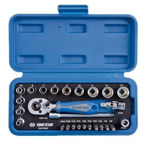 KING TONY ZESTAW NARZĘDZI 1/4" 27cz. NASADKI KRÓTKIE, 12-kąt. 4 - 14mm Z GRZECHOTKĄ I AKCESORIAMI KING TONY