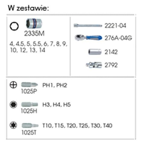 KING TONY ZESTAW NARZĘDZI 1/4" 27cz. NASADKI KRÓTKIE, 6-kąt. 4 - 14mm Z GRZECHOTKĄ I AKCESORIAMI KING TONY