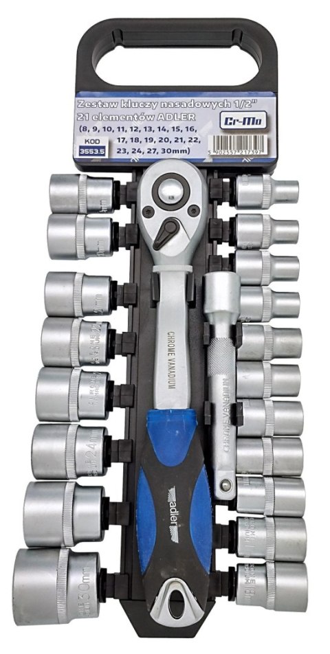 ADLER ZESTAW KLUCZY NASADOWYCH 1/2" 21 ELEMENTÓW ADLER