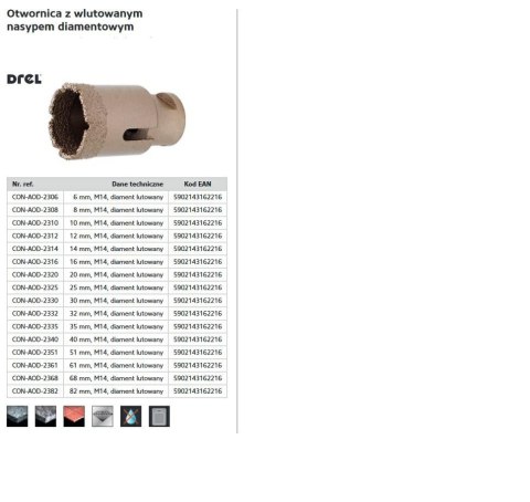 DREL KORONA M14 Z NASYPEM DIAMENTOWYM LUTOWANYM 12mm DREL/CONDOR